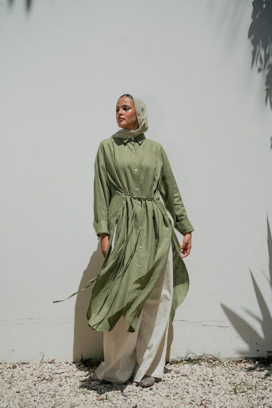 Pure linen ribbon shirt ( olive )