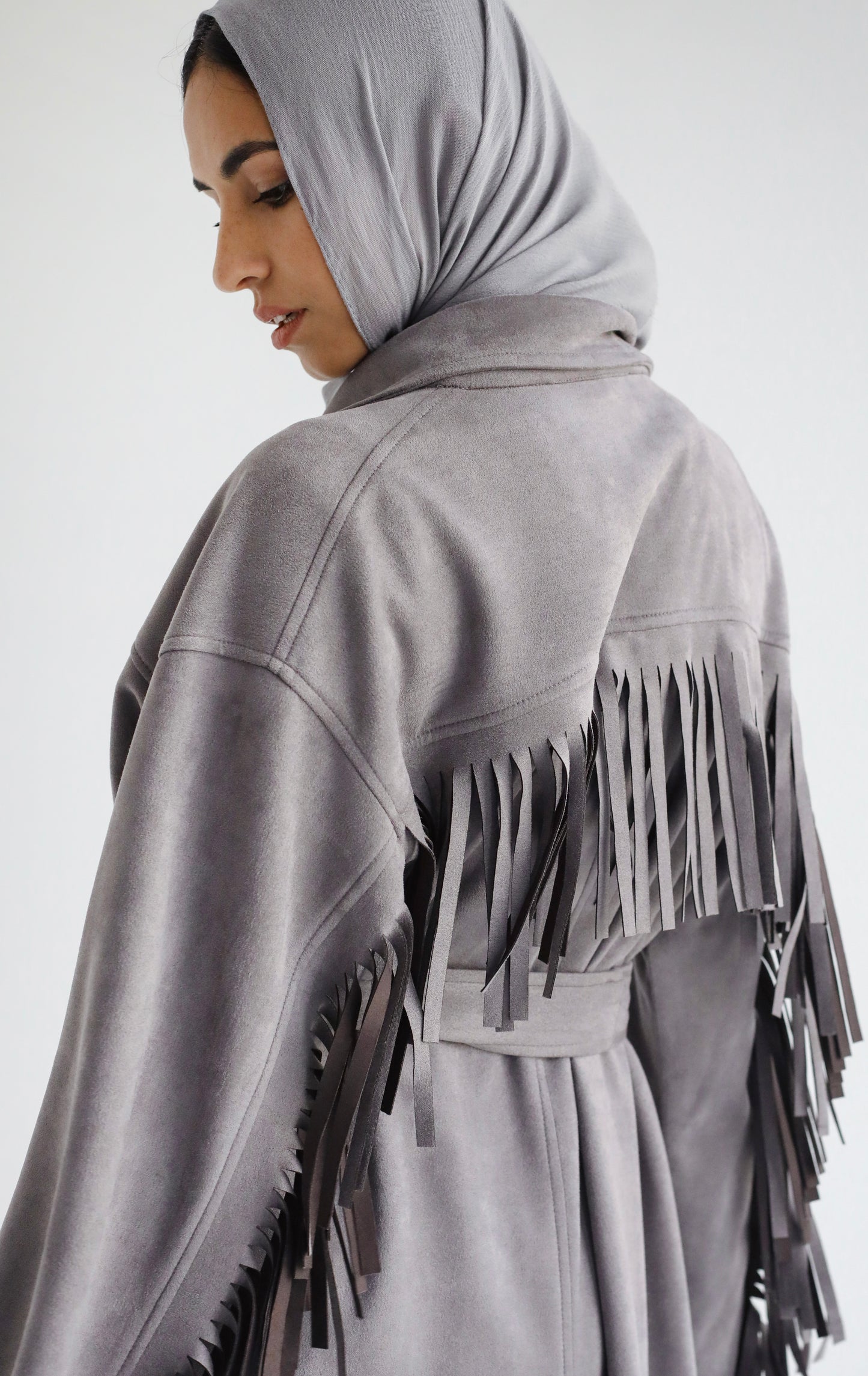 Suede Fringe Coat -Grey
