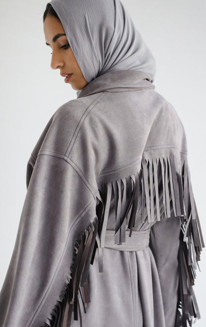 Suede Fringe Coat -Grey