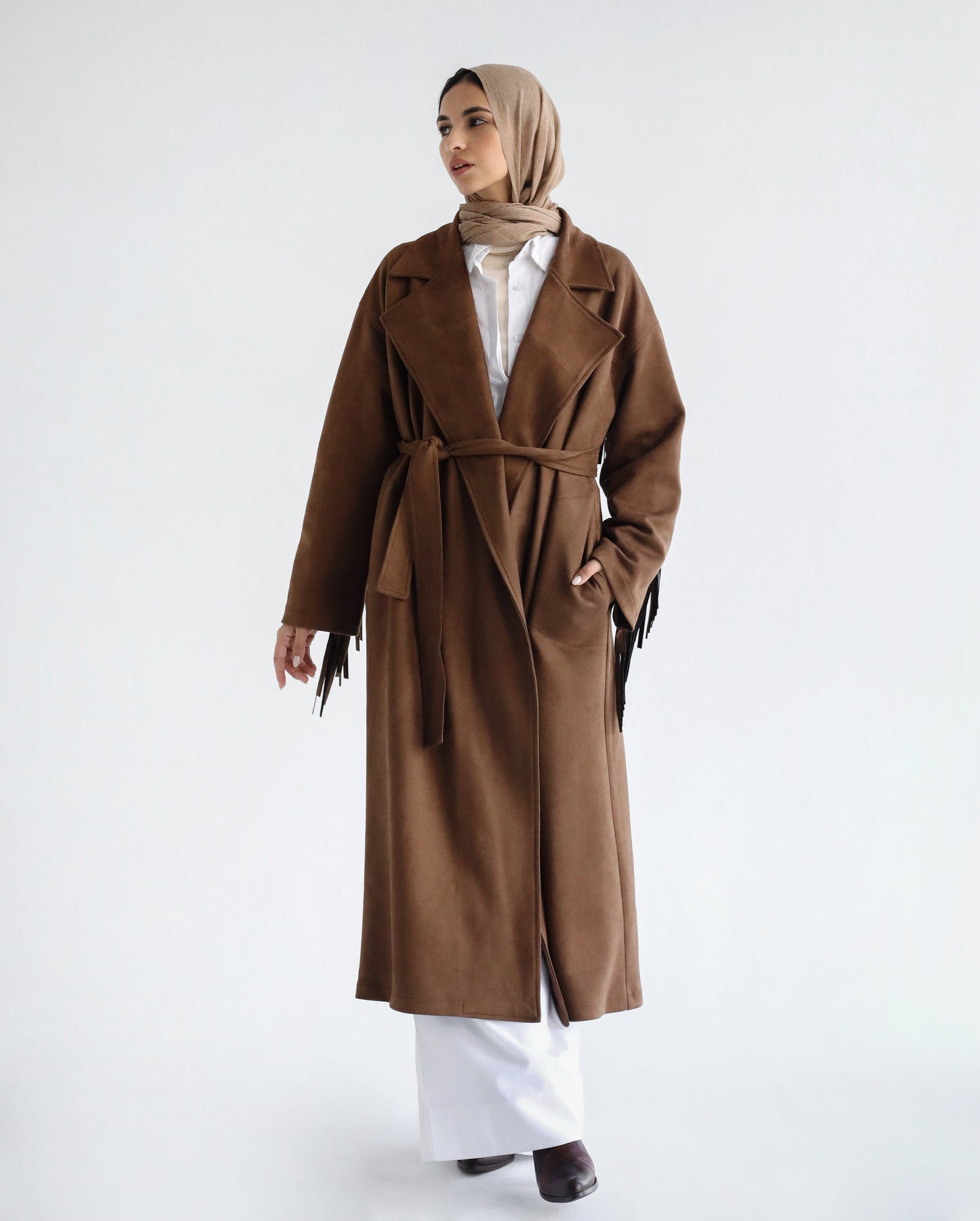 Suede Fringe Coats-Brown
