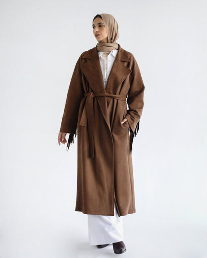 Suede Fringe Coats-Brown