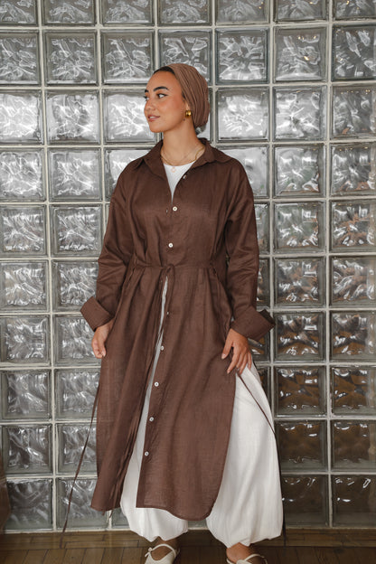 Pure linen ribbon shirt-Brown