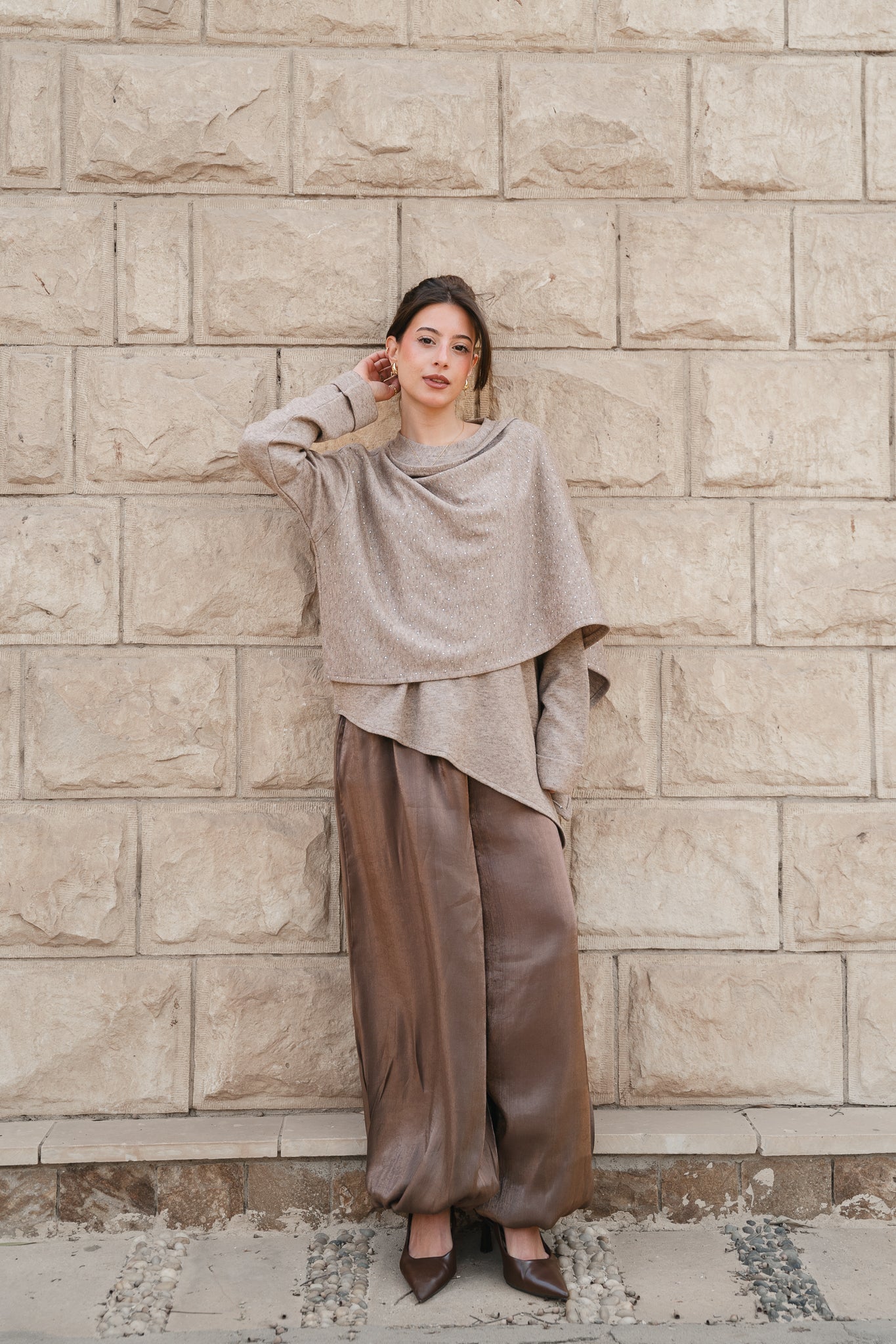 Studded Shawl Top-Coffe