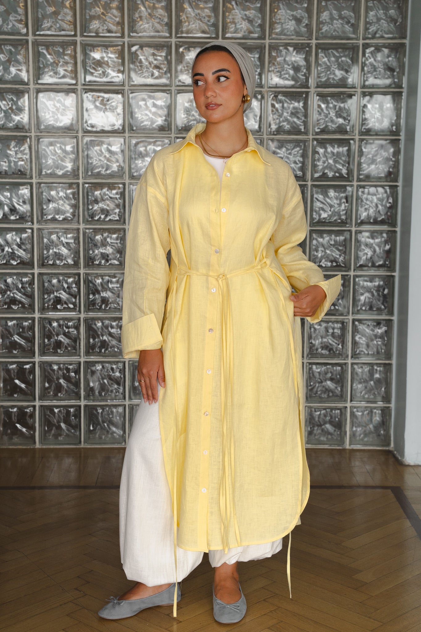 Pure linen ribbon shirt ( yellow)