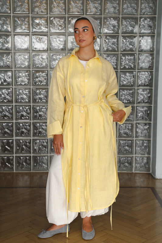 Pure linen ribbon shirt ( yellow)