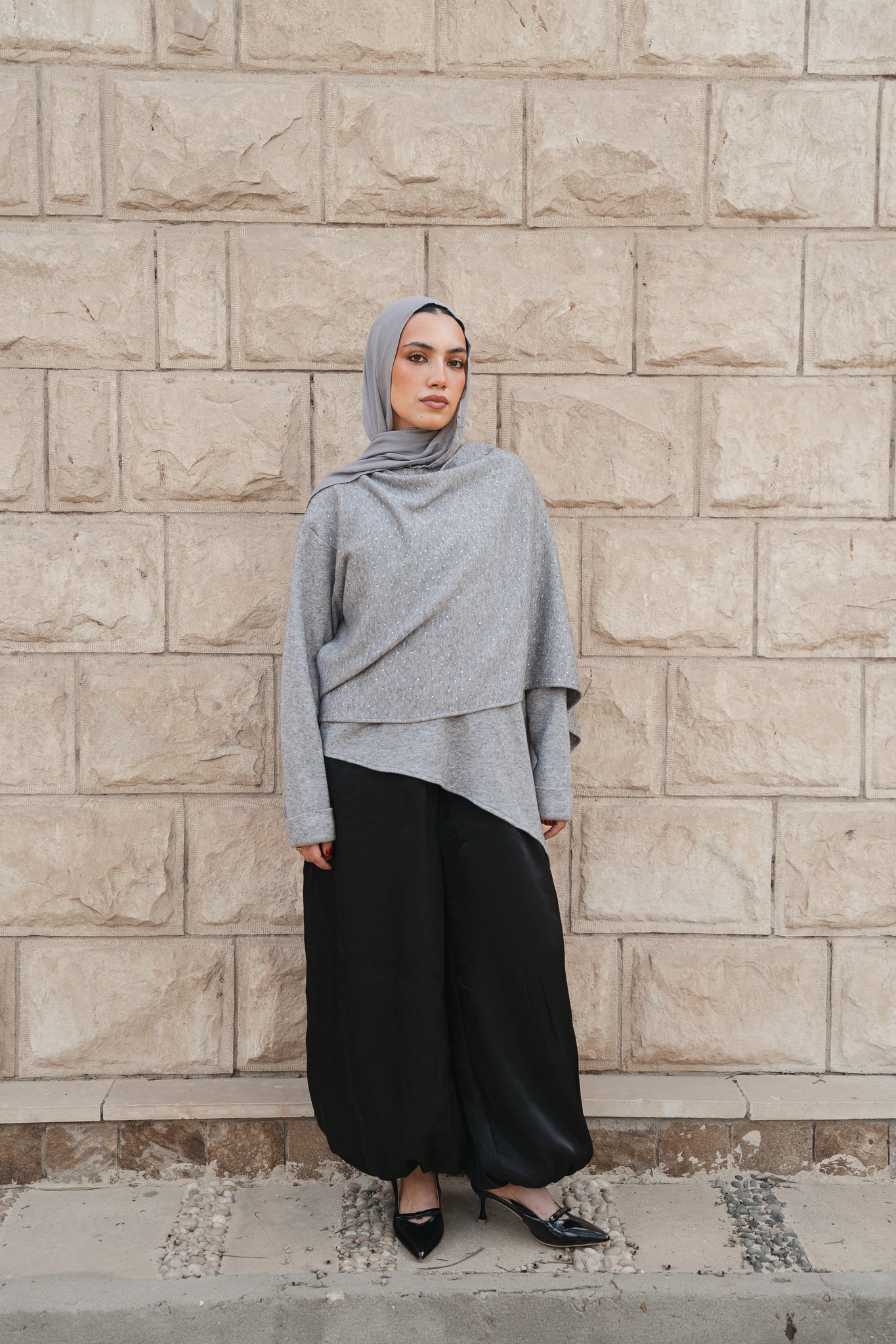 Studded Shawl Top-Grey