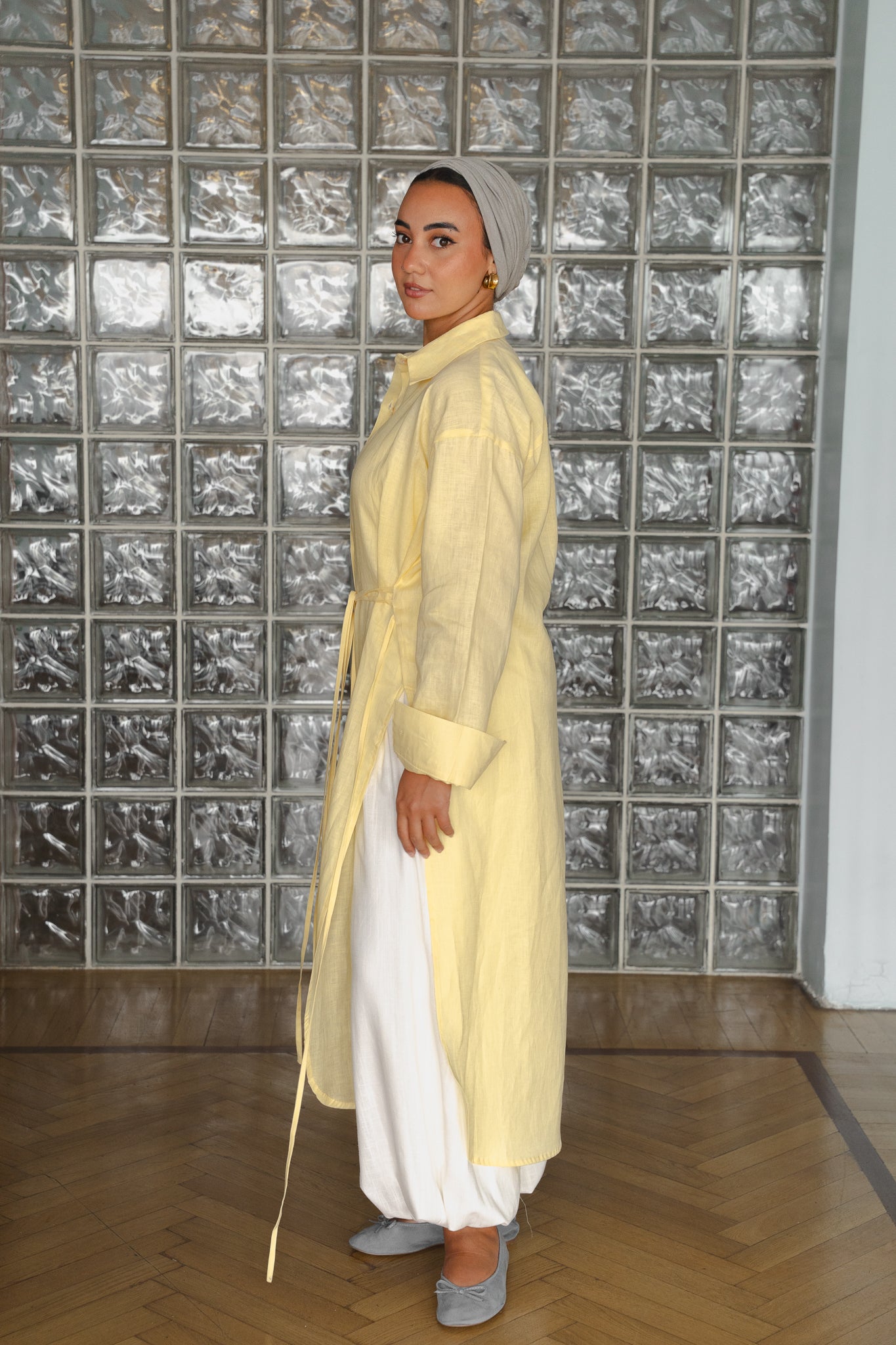 Pure linen ribbon shirt ( yellow)